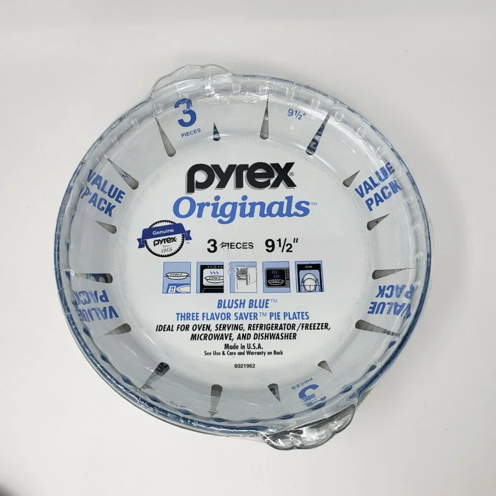 NWT 3pc Pyrex 9 1/2” ORIGINALS Scalloped Handles Bakeware Blush Blue Pie Plates‎